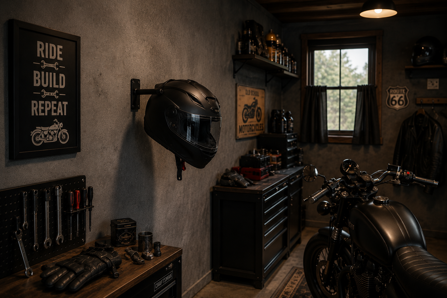 Motorcycle helmet displayed on a skull wall mount in an organized garage