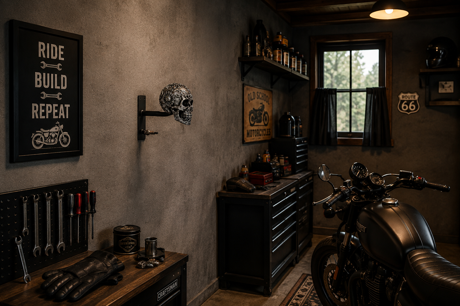 Garage wall with skull helmet mount