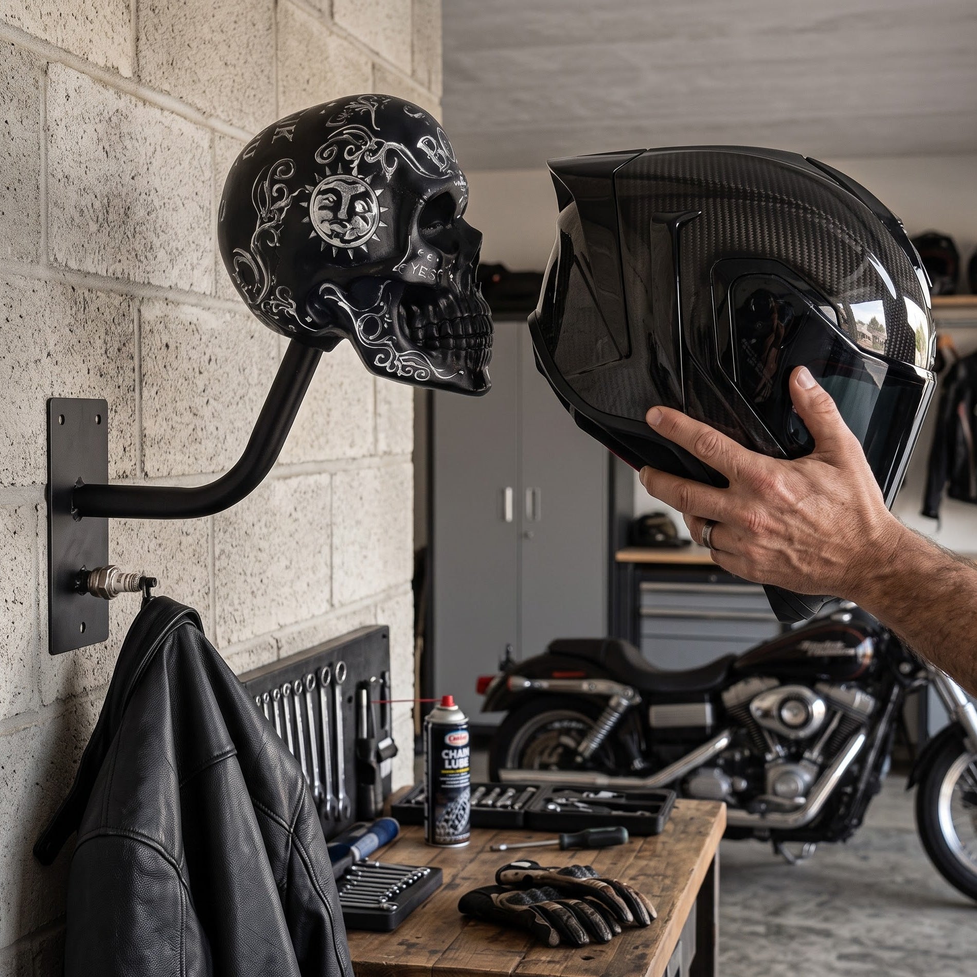 Rider placing a motorcycle helmet onto a skull wall mount