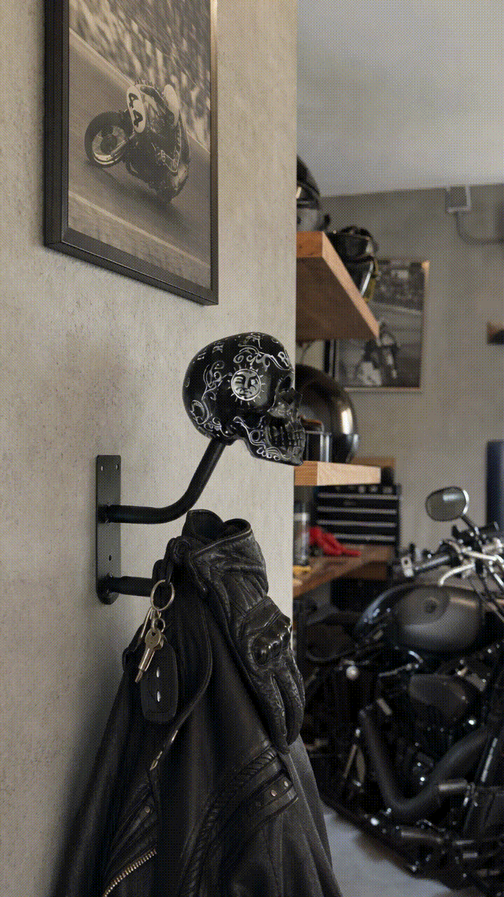 Animated demonstration of skull helmet wall mount in a garage