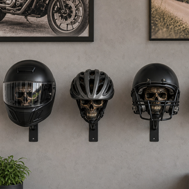 Skull helmet wall mounts displaying different helmets